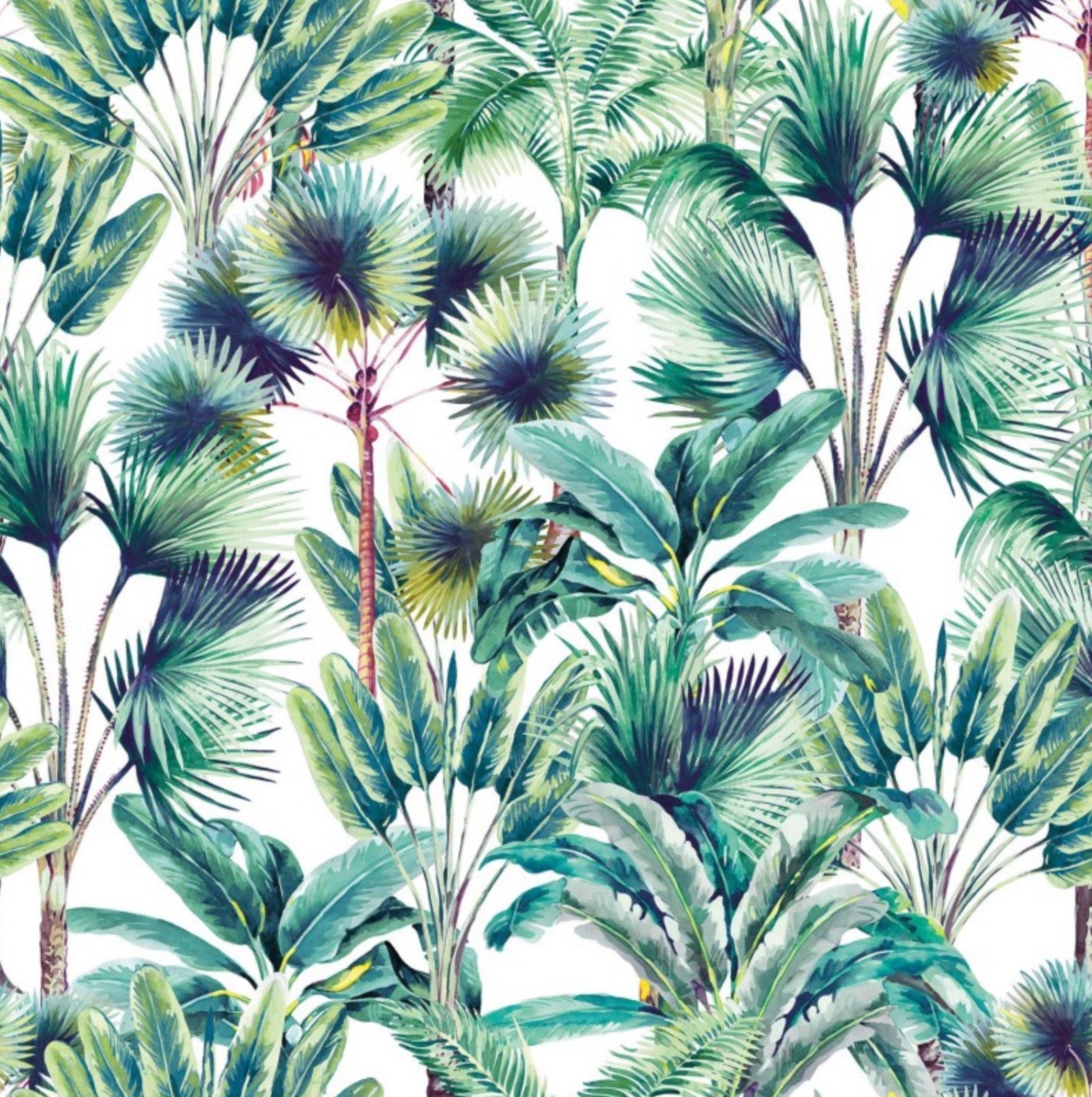 Extra tall tropical palm trees velvet cylinder lampshade with vibrant green and teal tropical palm leaf wallpaper design