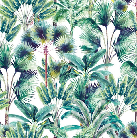 Extra tall tropical palm trees velvet cylinder lampshade with vibrant green and teal tropical palm leaf wallpaper design