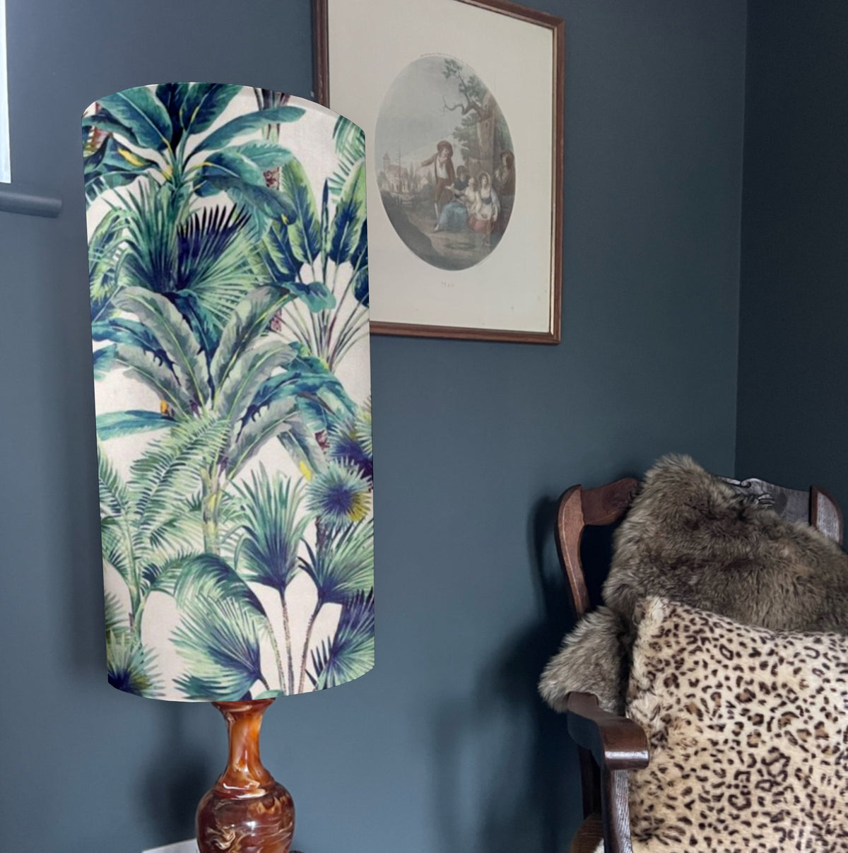 Tropical palm trees velvet extra tall lampshade with cream background and vibrant green tropical palm leaves pattern