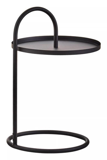 Black metal side table trosa black hanging with curved handle and circular tray for stylish storage and display