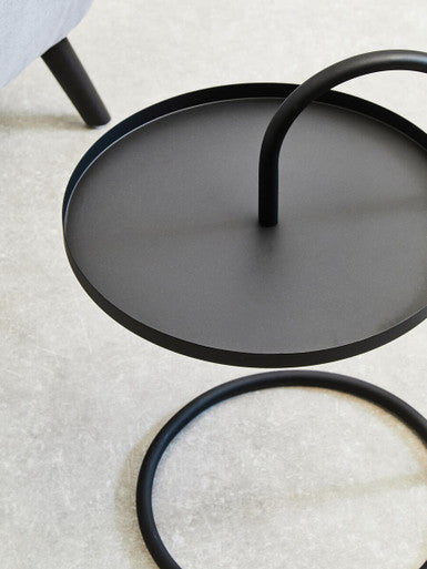 Trosa black hanging top side table with a black metal tiered tray and curved handle for stylish storage
