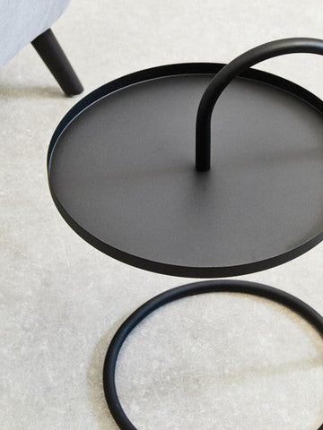 Trosa black hanging top side table with a black metal tiered tray and curved handle for stylish storage