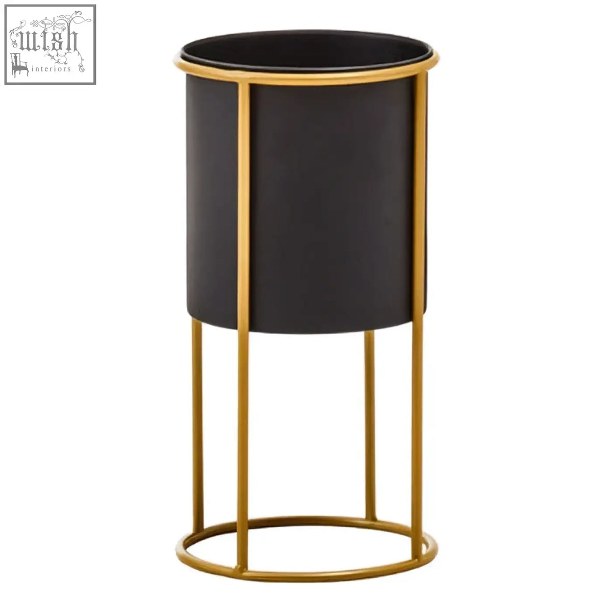 Black cylindrical trosa small black planter with gold metal frame and base perfect for floor standing use