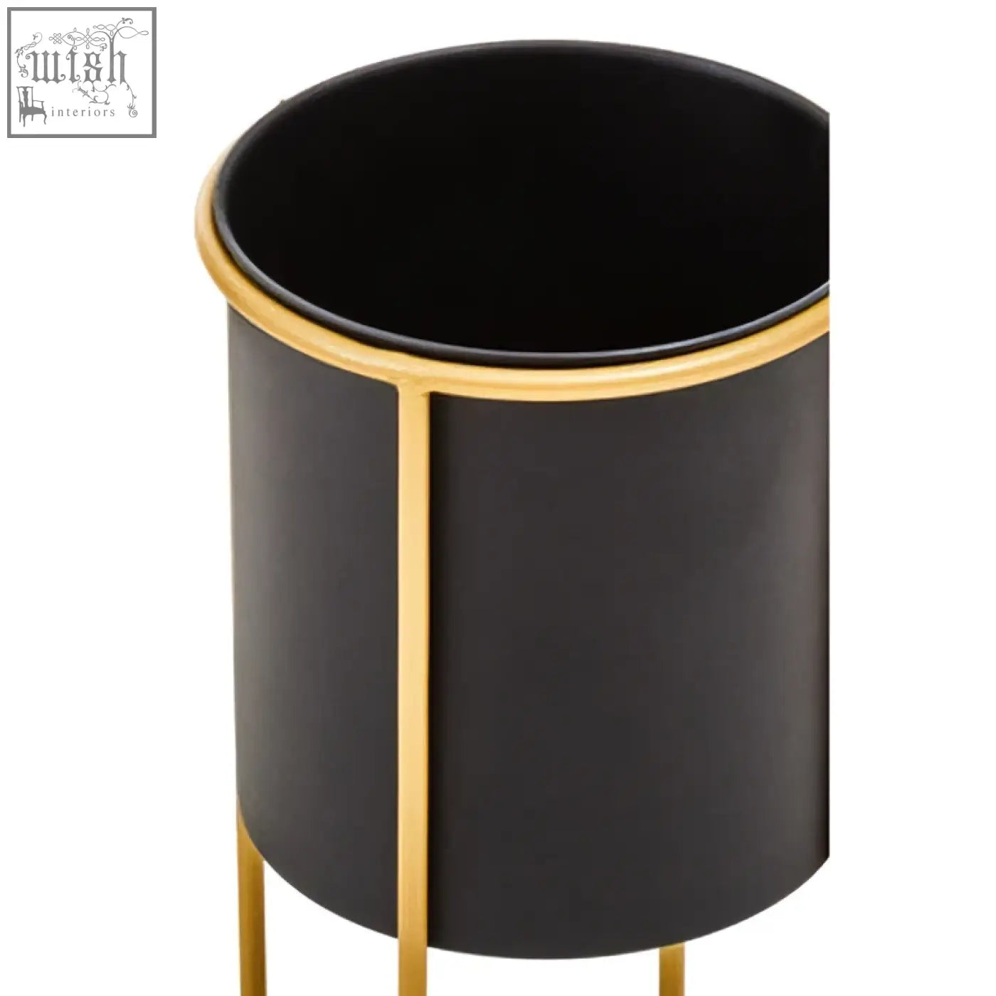 Black cylindrical trosa small black floor standing planter with gold-toned metal rim and legs