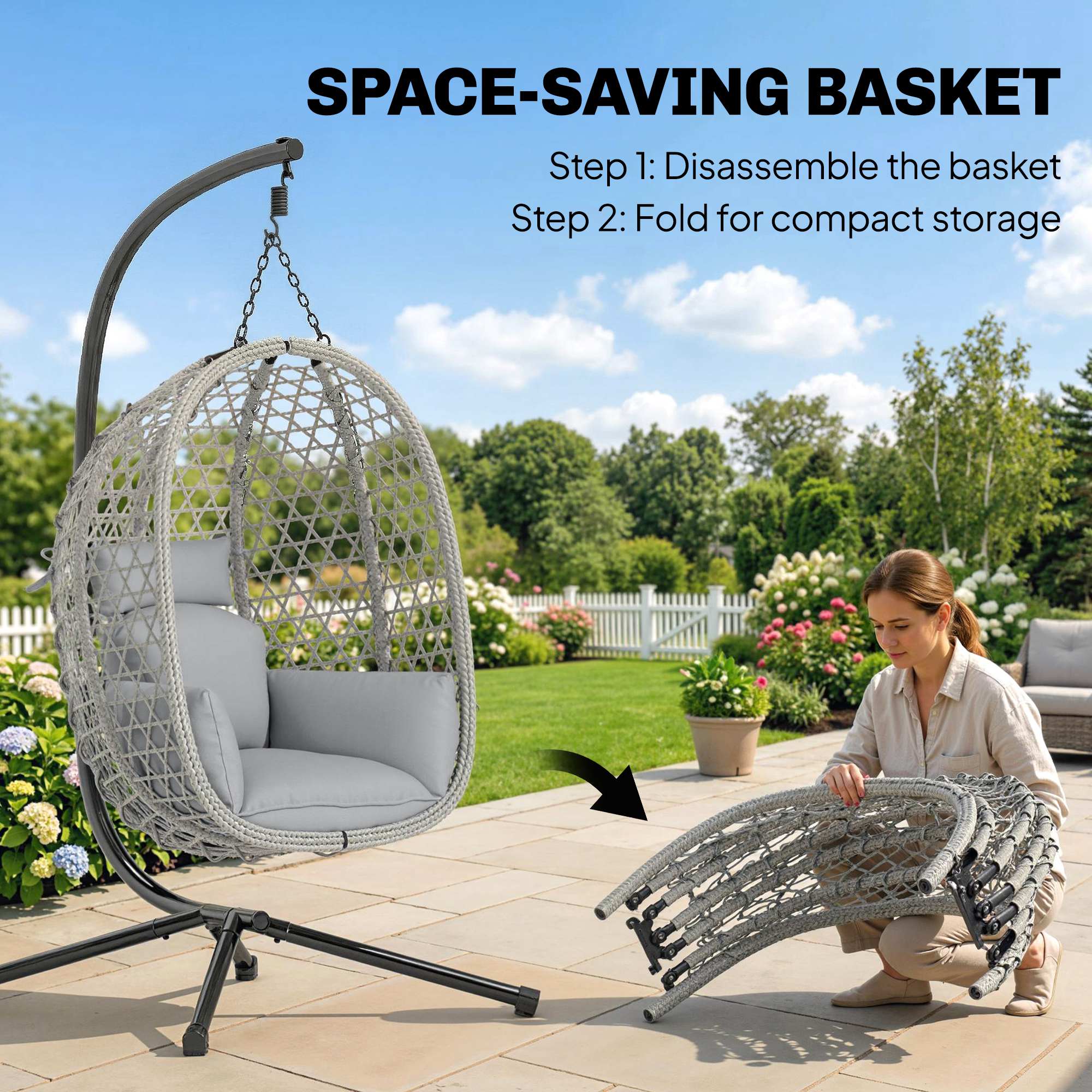 Outsunny Hanging Egg Chair, Indoor Outdoor Rattan Hammock Swing Chair with Stand, Safety Strap, Foldable Basket, Light Grey