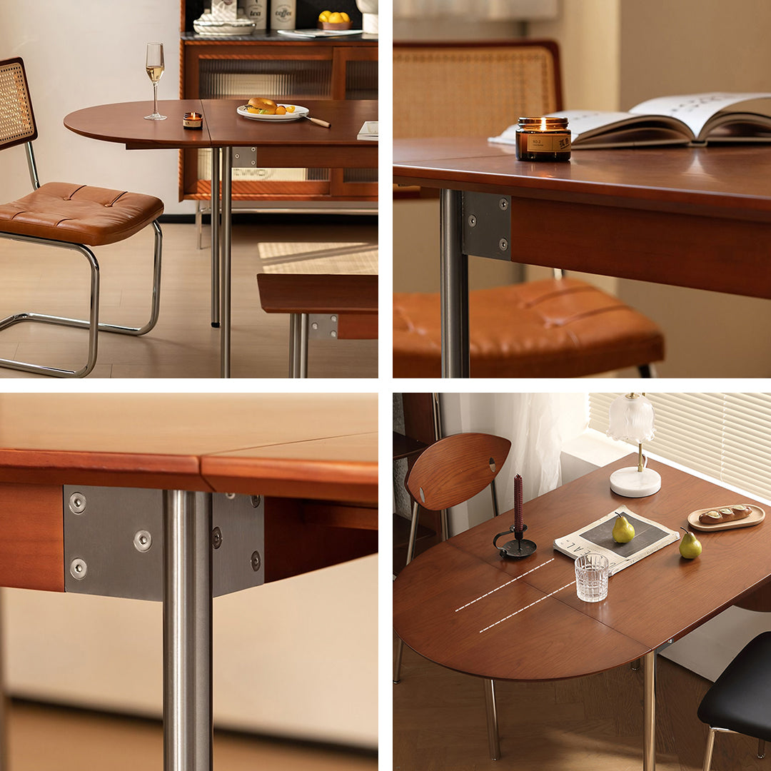 Brown solid wood oval tsvetkov foldable dining table with metal legs and a space-saving foldable design