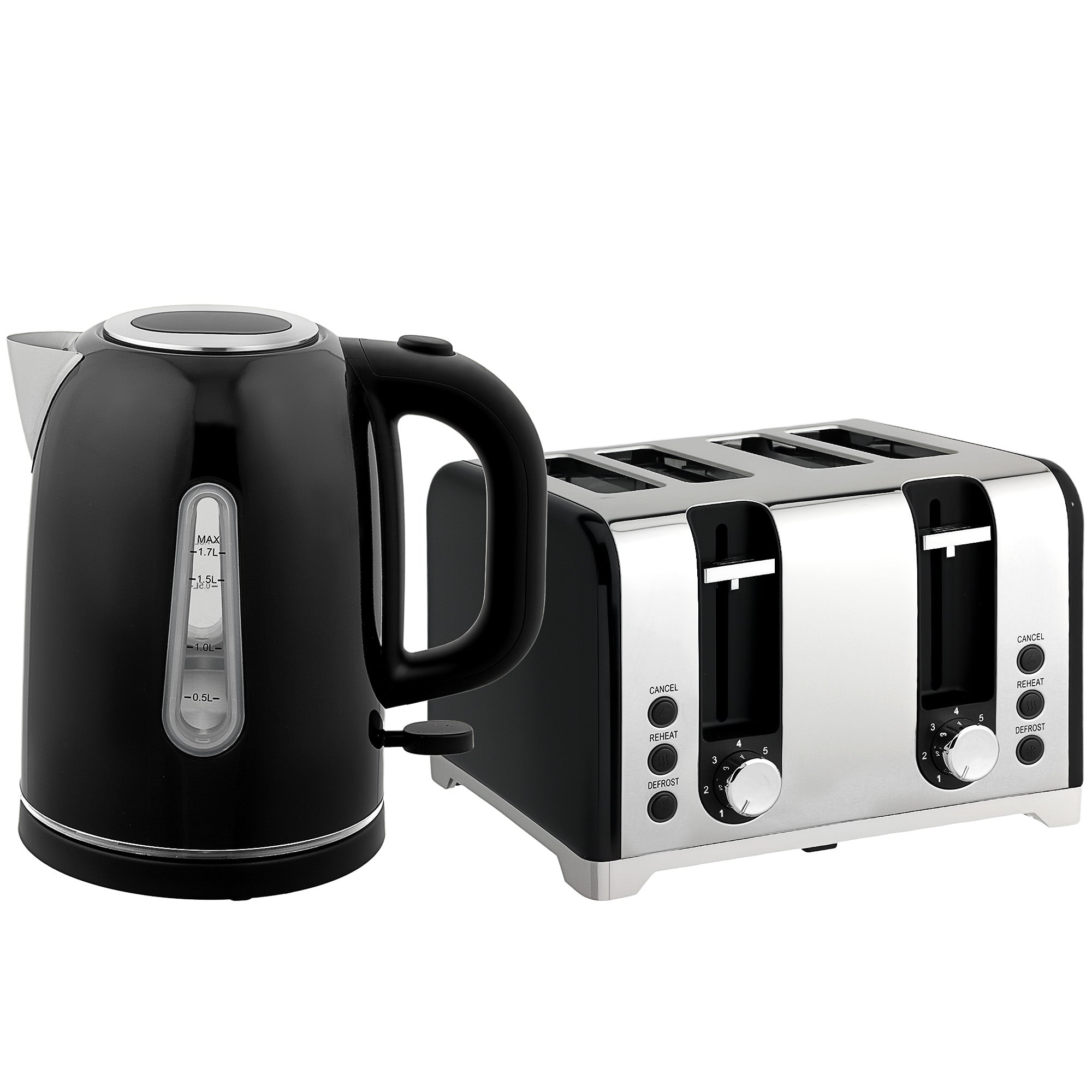 HOMCOM Kettle and Toaster Set, 1.7L 3000W Rapid Boil Jug Kettle with Otter Thermostat, Limescale Filter, 4 Slice Toaster with 7 Browning Controls, Crumb Tray, LED Strip, Black