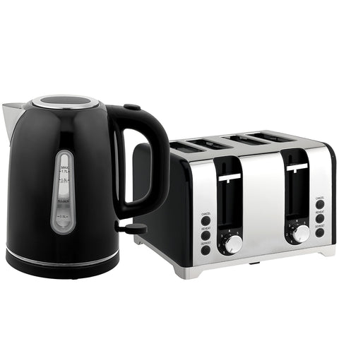 HOMCOM Kettle and Toaster Set, 1.7L 3000W Rapid Boil Jug Kettle with Otter Thermostat, Limescale Filter, 4 Slice Toaster with 7 Browning Controls, Crumb Tray, LED Strip, Black
