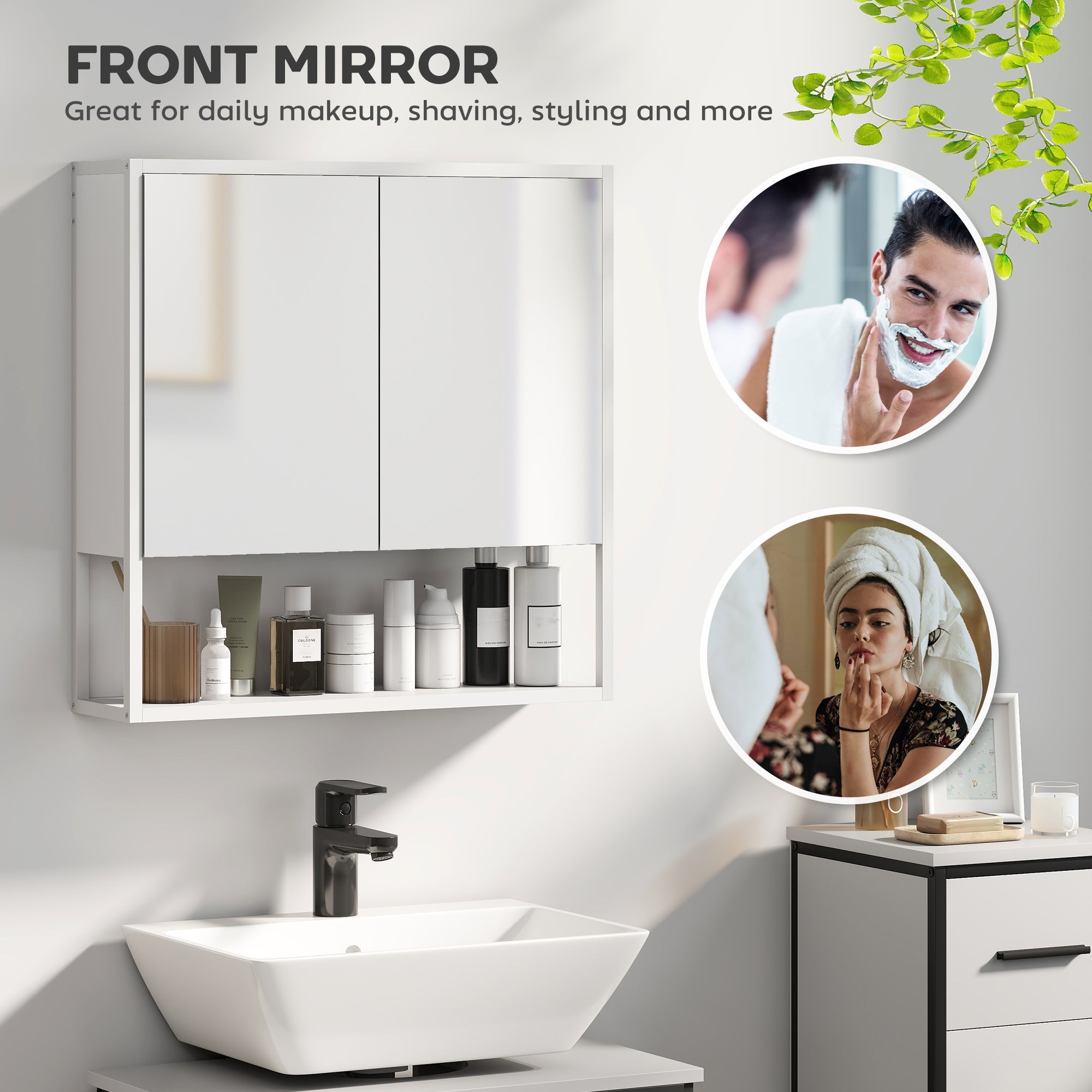 HOMCOM Bathroom Mirror Cabinet with Soft-Close Doors and Adjustable Shelf - White