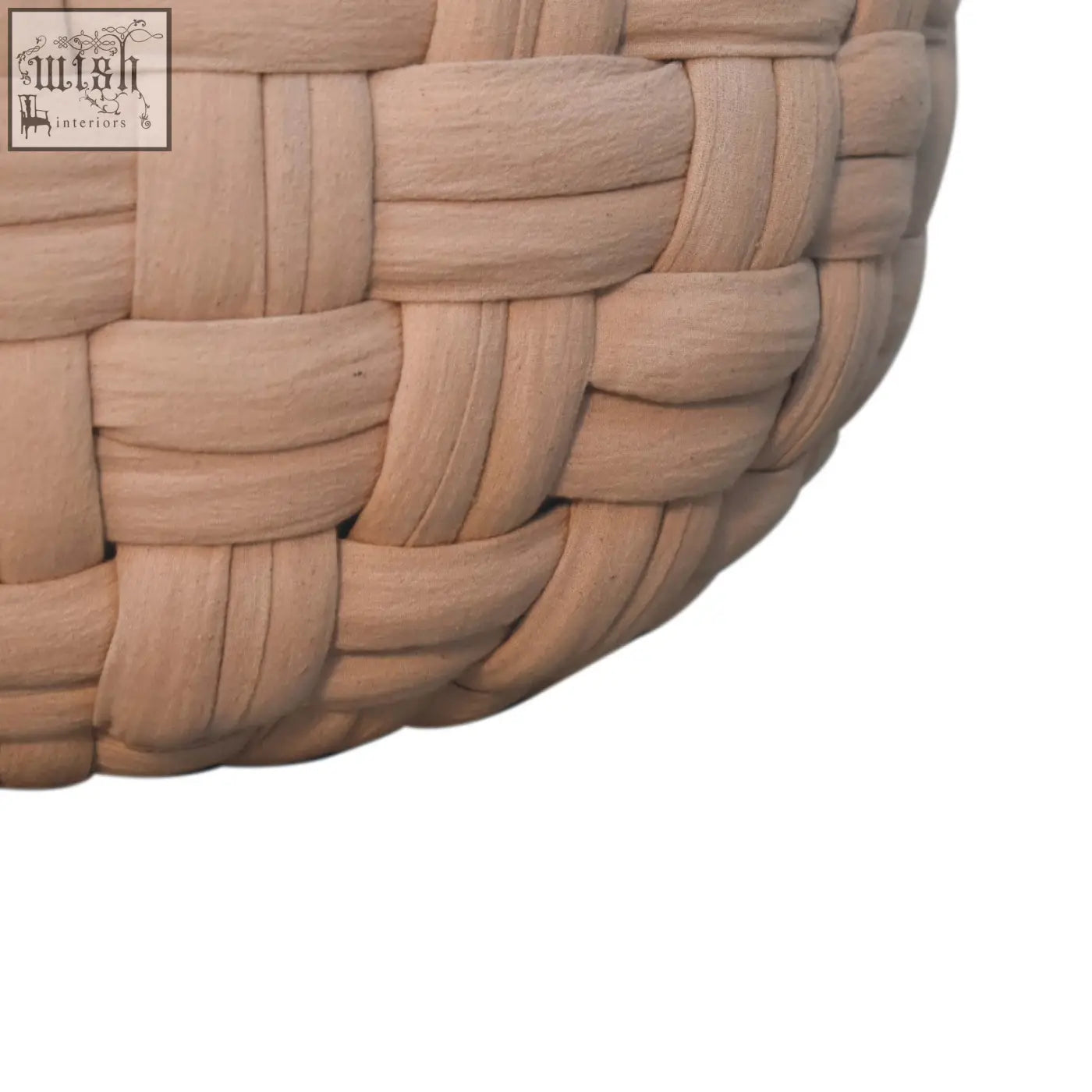 Beige woven basket style tube pouffe with tight interlaced pattern cream footstool for cozy seating