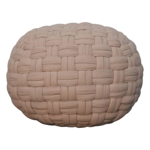 Beige woven fabric tube pouffe with rounded basket-like design perfect as a cream footstool