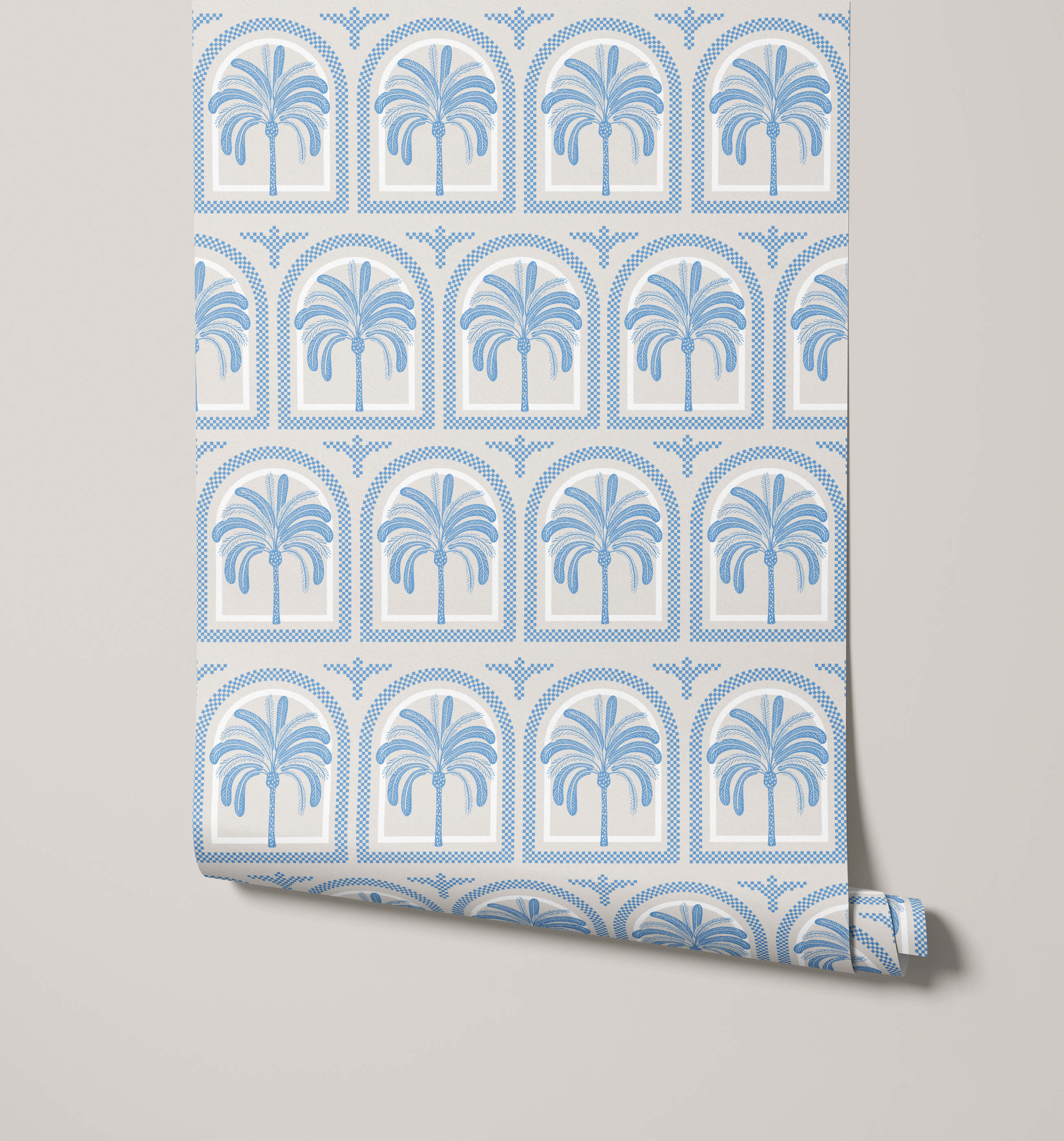 Blue palm tree pattern wallpaper tucci with arched frames and dotted borders for stylish wall decor