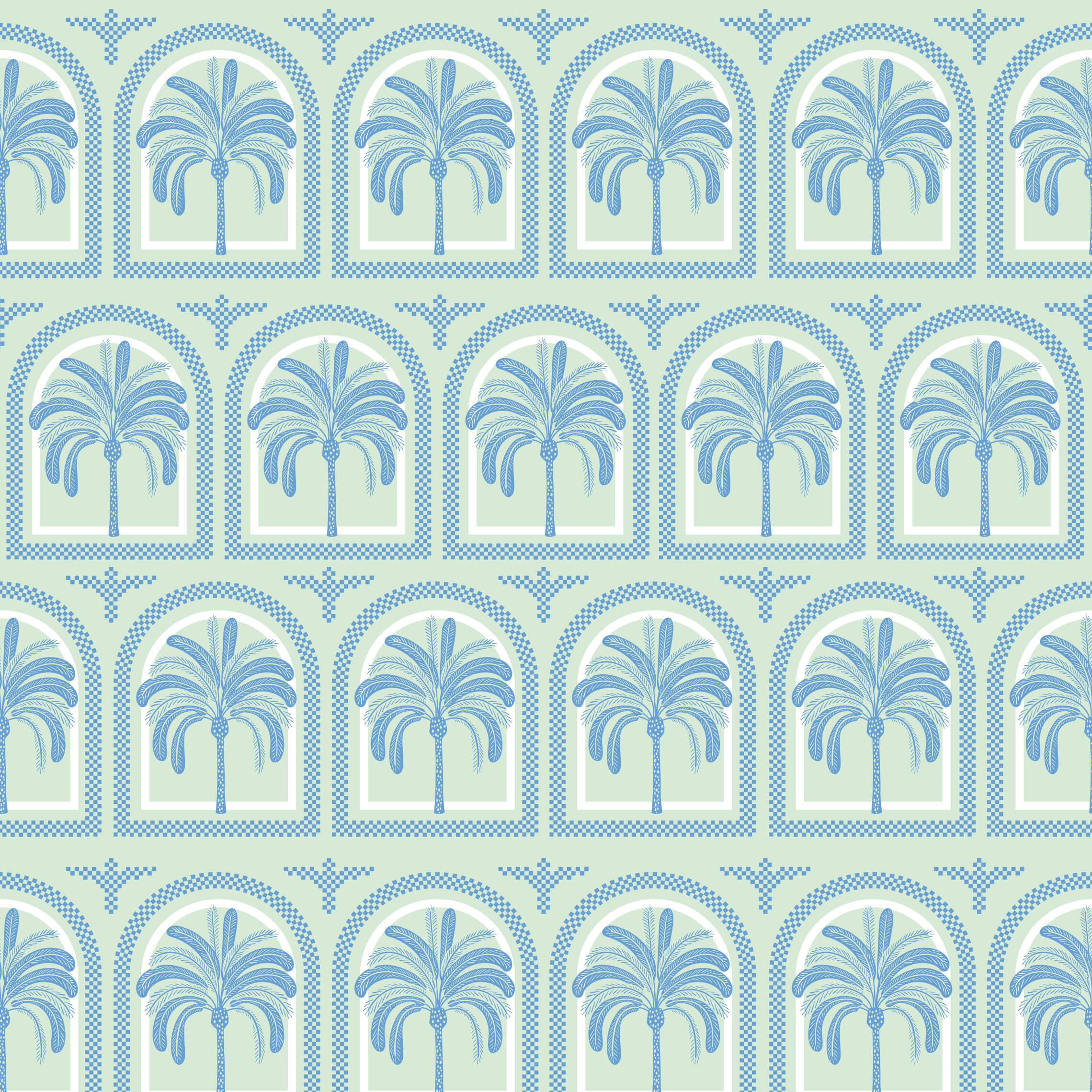 Tucci fabric with blue palm tree pattern on light mint green background perfect for tree pattern wallpaper designs