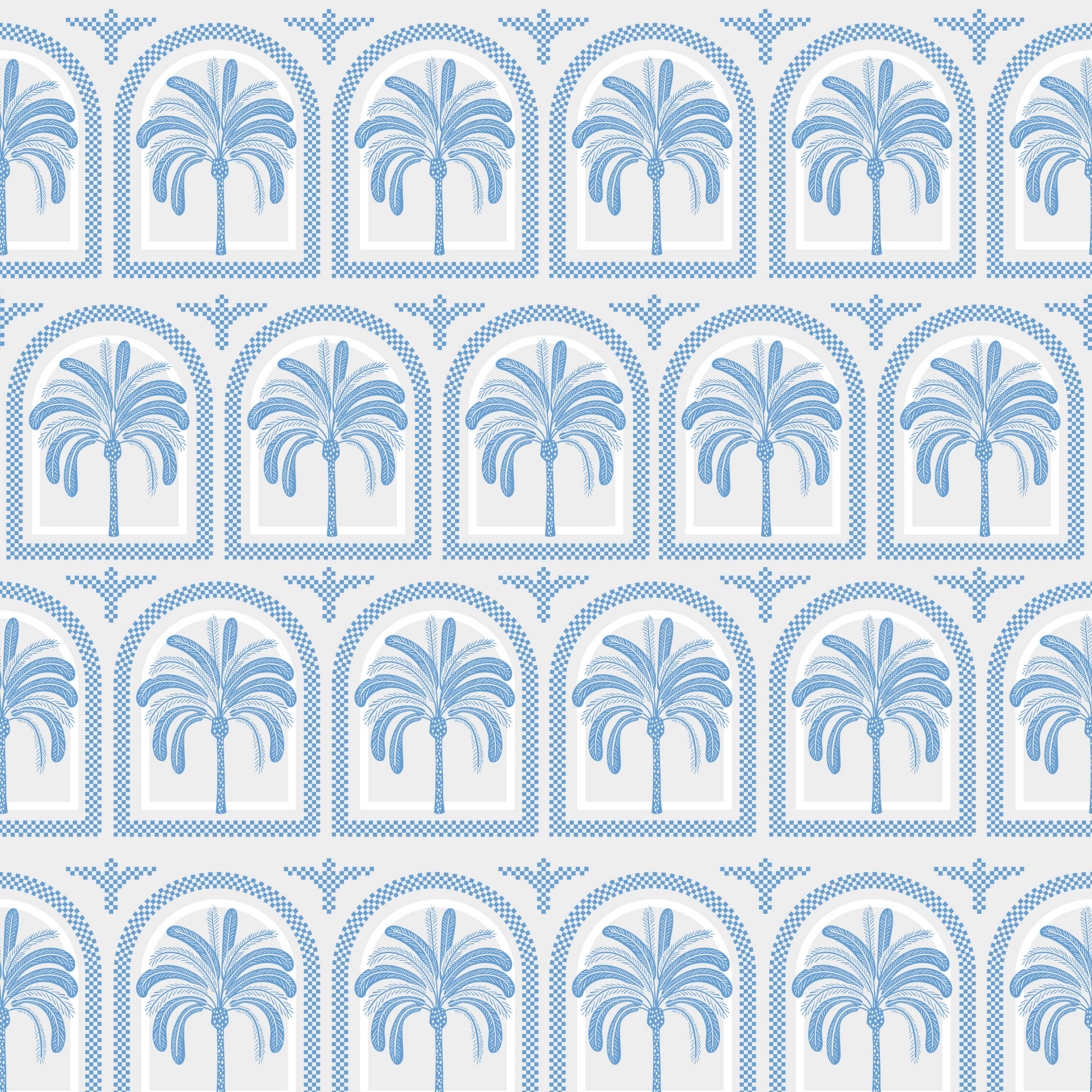 Blue palm tree pattern wallpaper tucci with arched frames and checkered borders for stylish wall decor