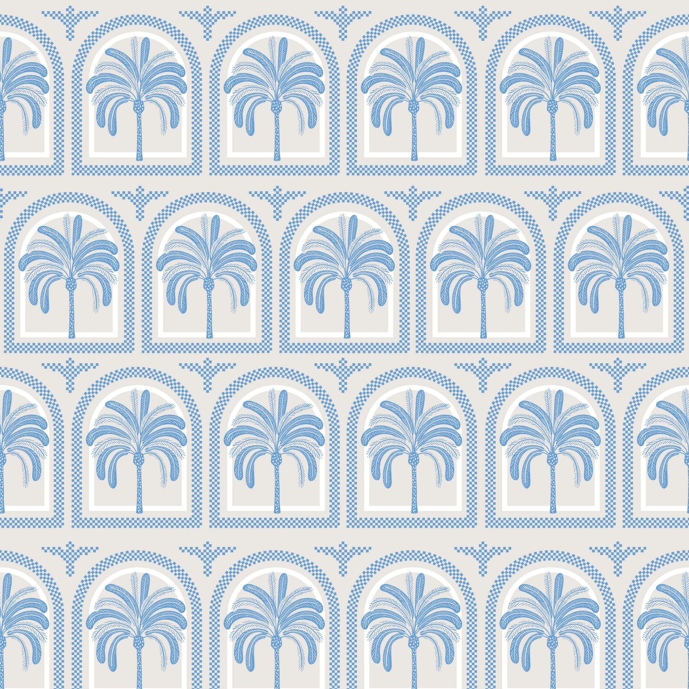 Tucci blue palm tree patterned wallpaper with arched frames and checkered borders for stylish walls
