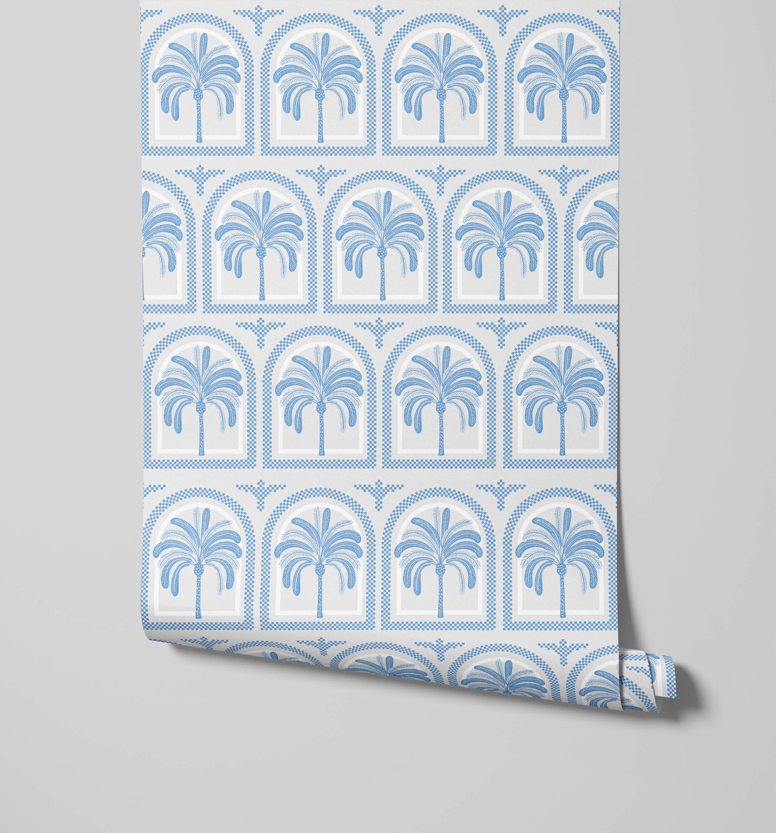 Tucci blue palm tree patterned wallpaper with white arches and decorative borders for stylish walls
