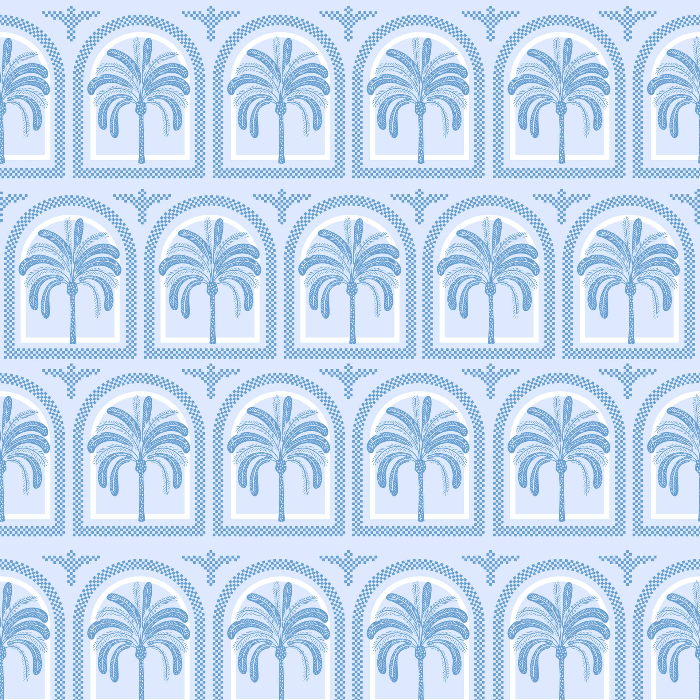 Tucci wallpaper features a light blue palm tree pattern framed in arched motifs with decorative borders on a pale background