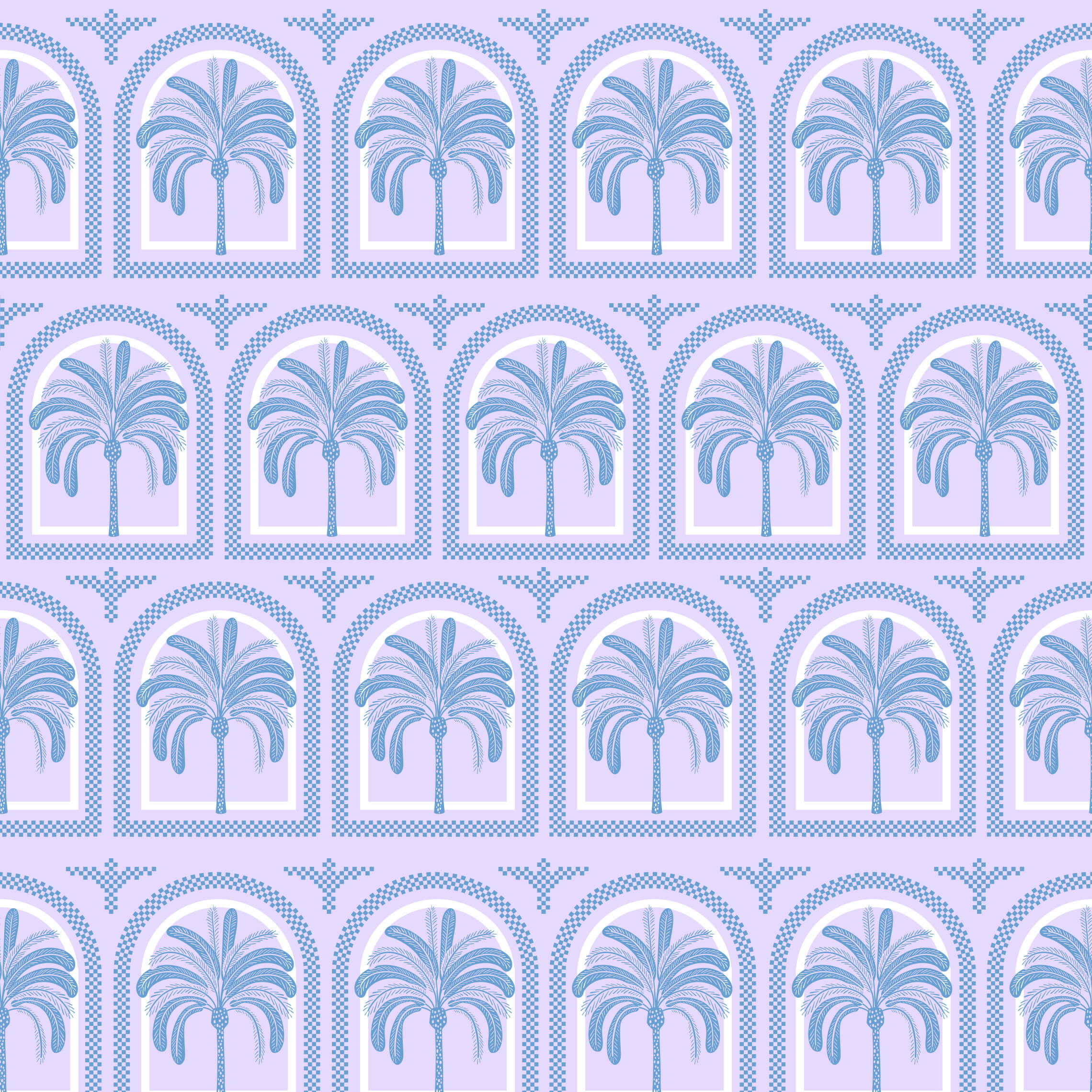 Tucci light purple fabric with a blue palm tree pattern inside arched frames perfect for tree pattern wallpaper designs