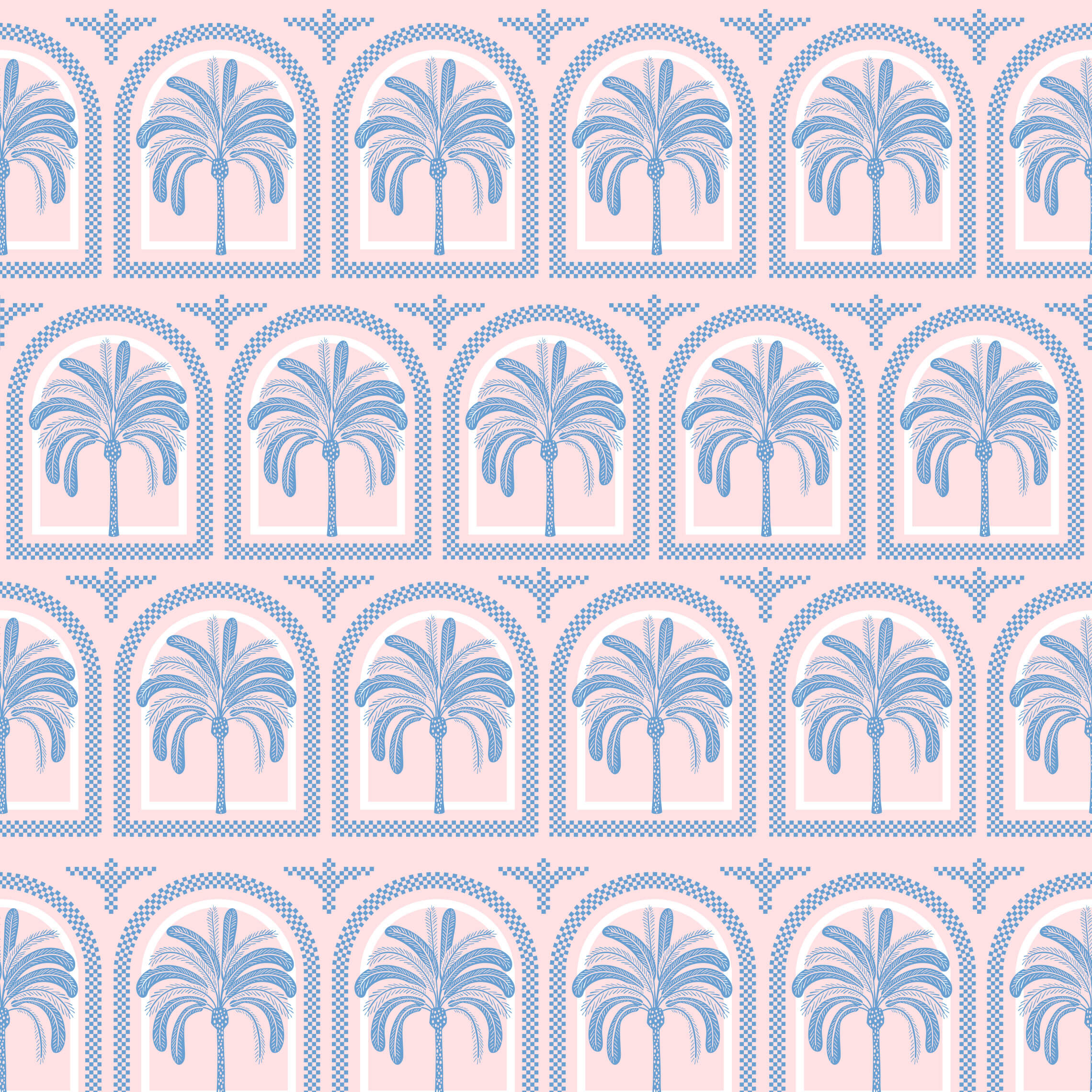 Tucci tree pattern wallpaper featuring a blue palm tree pattern in arched motifs on a soft pink background