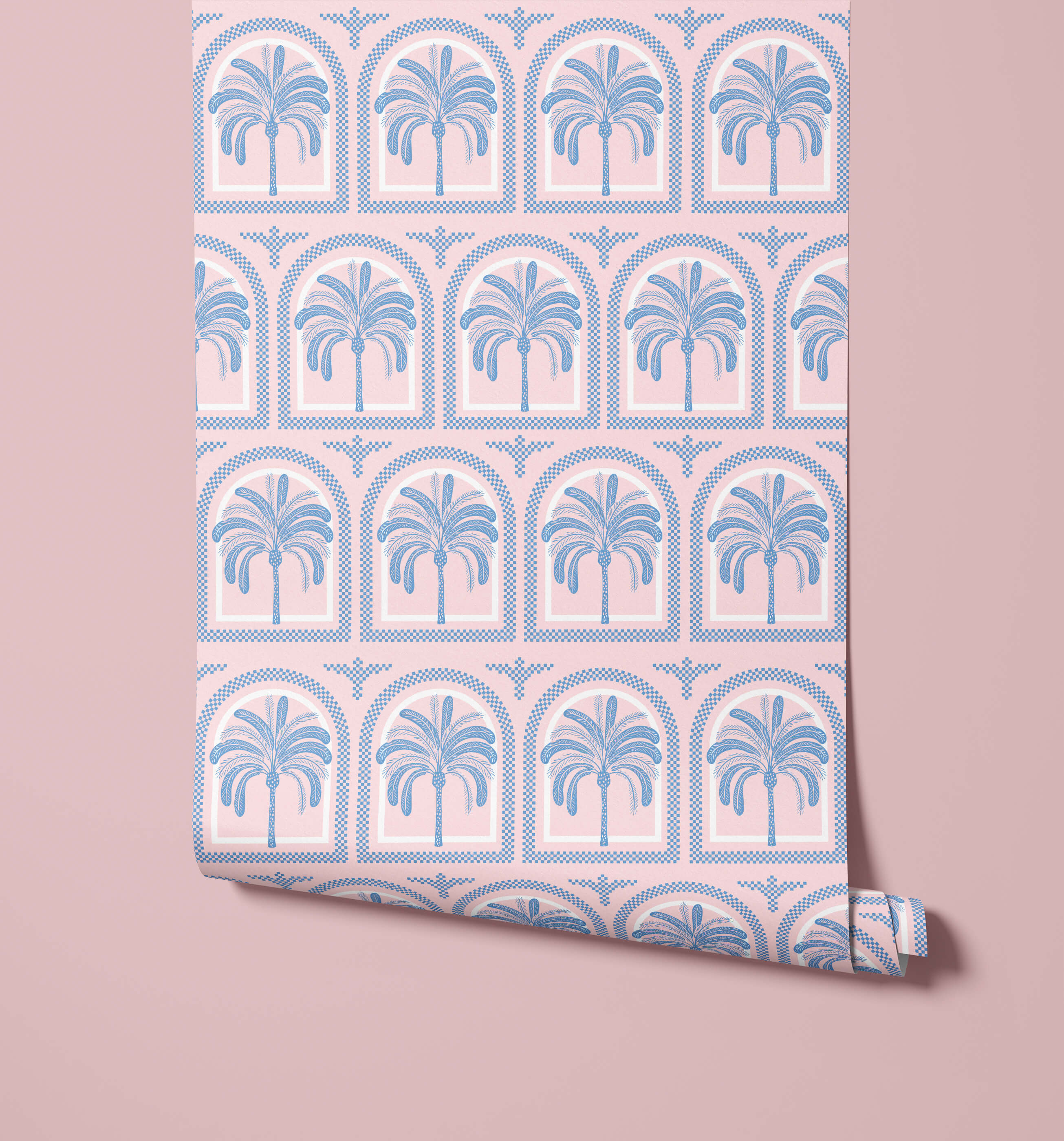 Pink tucci wallpaper with a blue palm tree pattern framed in decorative arched borders for stylish walls