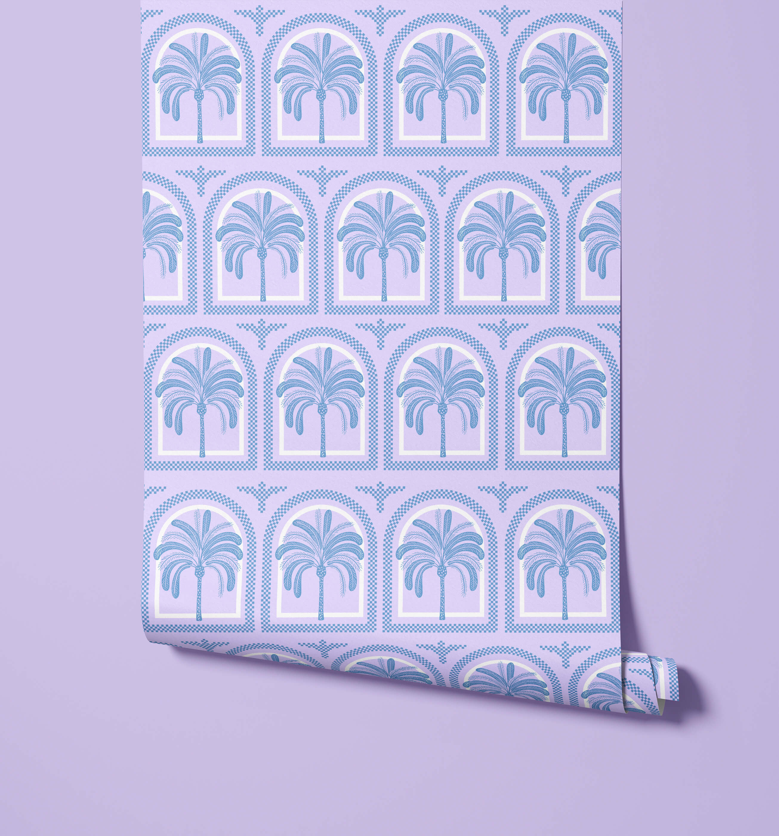 Tucci light purple wallpaper with a soft blue palm tree pattern in arched frames perfect tree pattern wallpaper