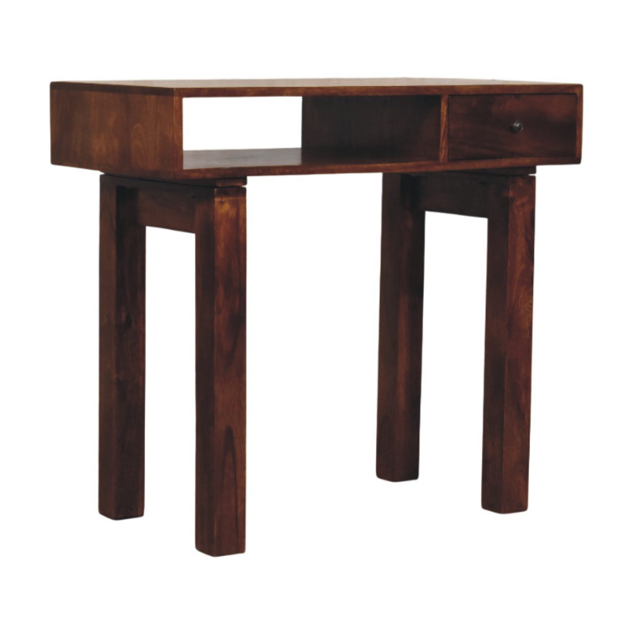 Dark brown wooden writing desk with single drawer and open shelf tula drawer chestnut writing desk