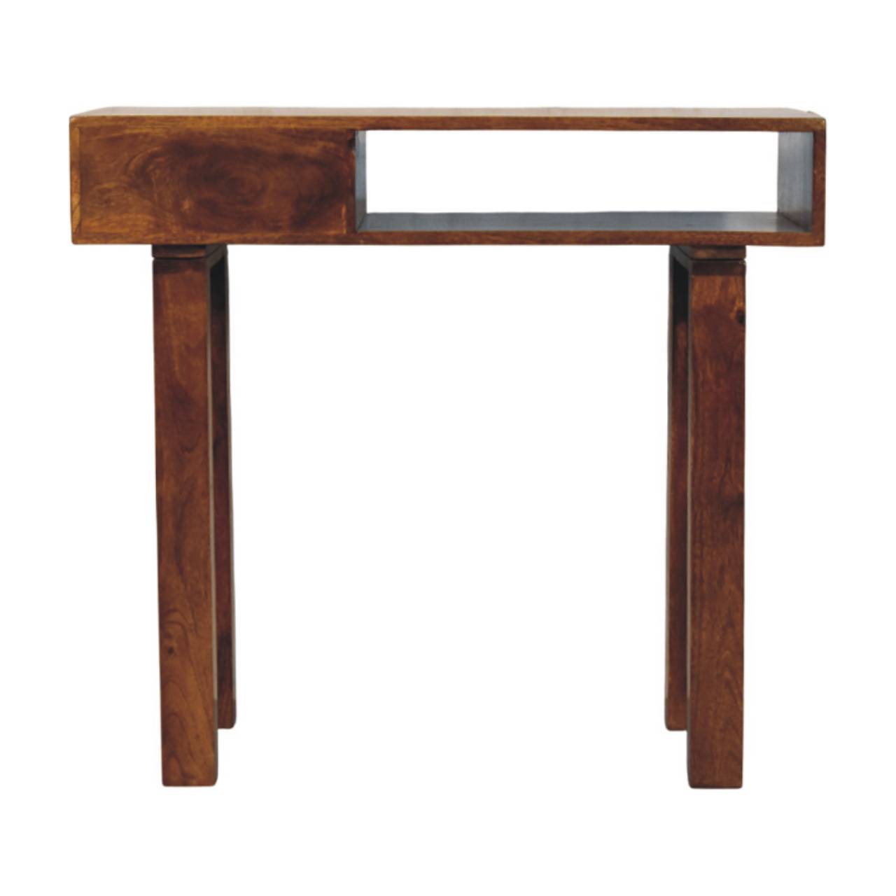 A minimalist chestnut writing desk with one drawer and open shelf in rich brown wood finish for easy storage