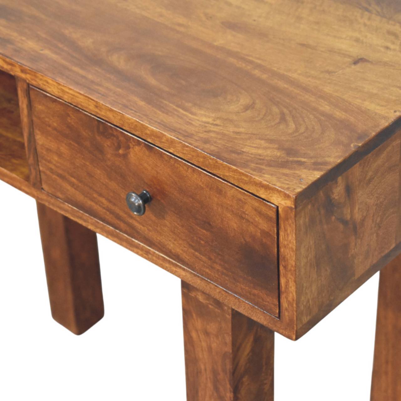 Rich brown wooden writing desk with single drawer and dark metal knob in chestnut writing desk style