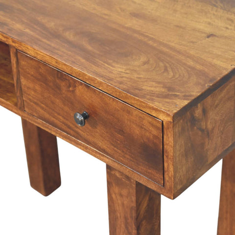 Rich brown wooden writing desk with single drawer and dark metal knob in chestnut writing desk style