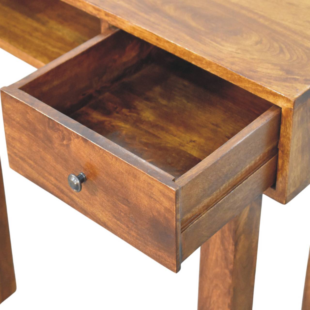 Warm-toned chestnut writing desk with single drawer and dark metal knob perfect as a drawer chestnut writing desk