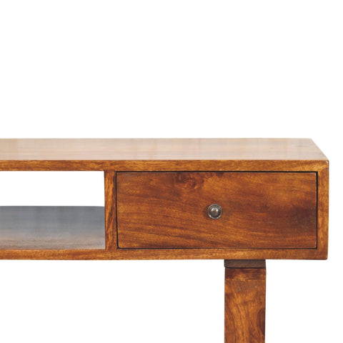Warm-toned chestnut writing desk with one drawer and metal knob features a wooden open shelf for storage