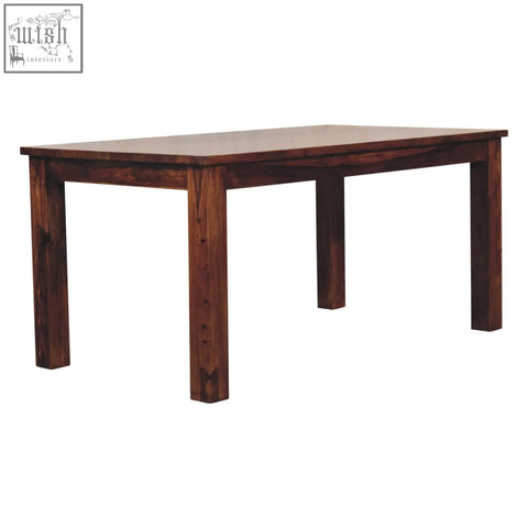 Dark brown tula dining table with rectangular top and tapered legs made from chestnut solid mango wood