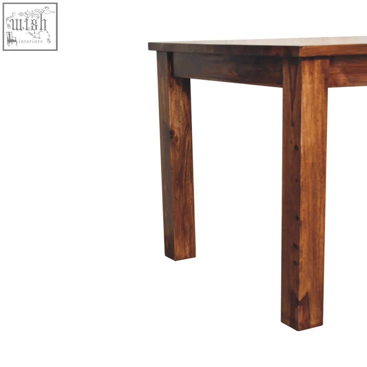 Solid wood tula dining table in chestnut solid mango wood with dark brown finish and natural grain patterns