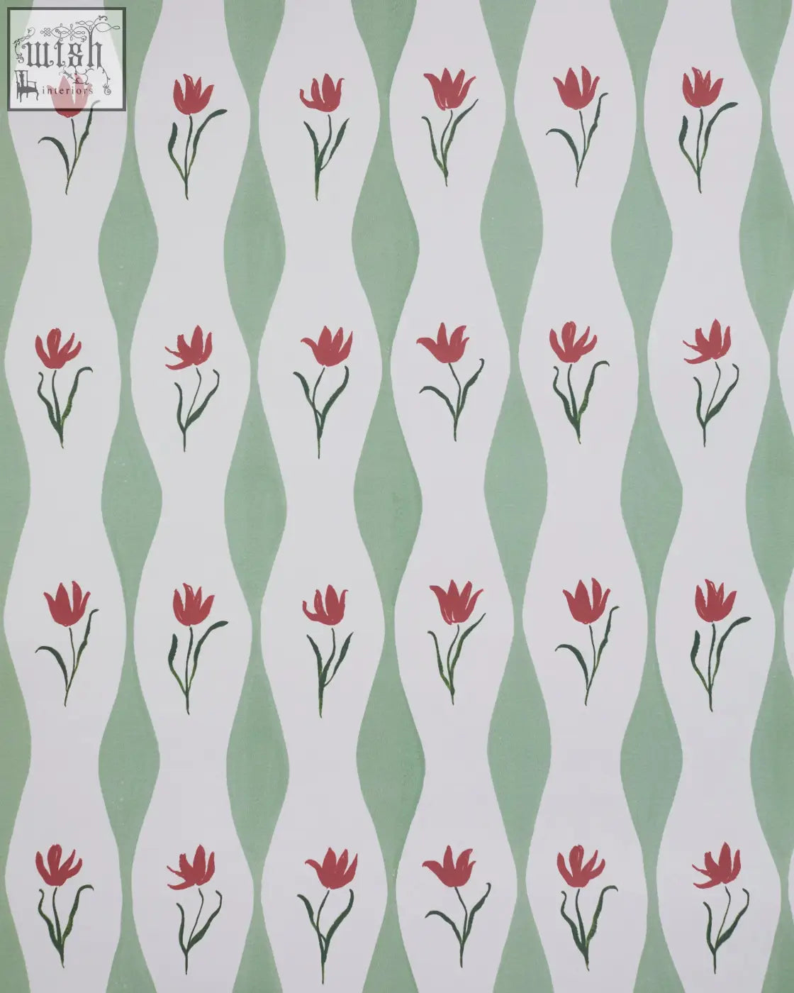 Tulip wave wallpaper featuring red tulip patterns with wavy pale green and white stripes in pistachio tones