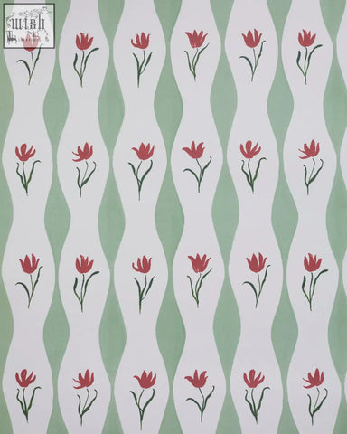 Tulip wave wallpaper featuring red tulip patterns with wavy pale green and white stripes in pistachio tones