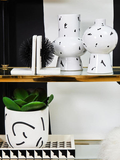 Tundra white and black small vase made of white ceramic with black abstract dot patterns perfect black small vase