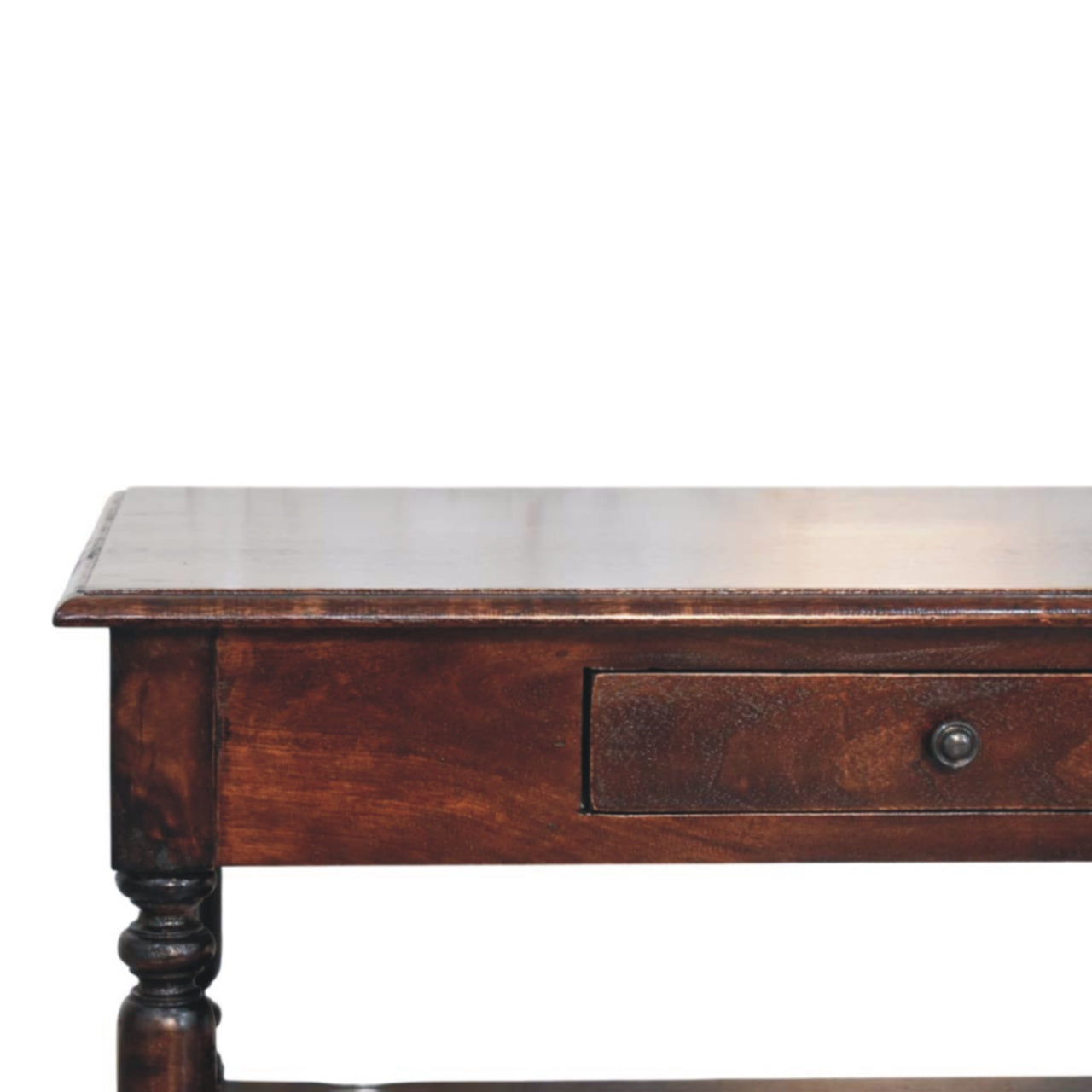 Antique turned legs cherry console table with dark wood, polished marble top, single compact drawer, and lower shelf
