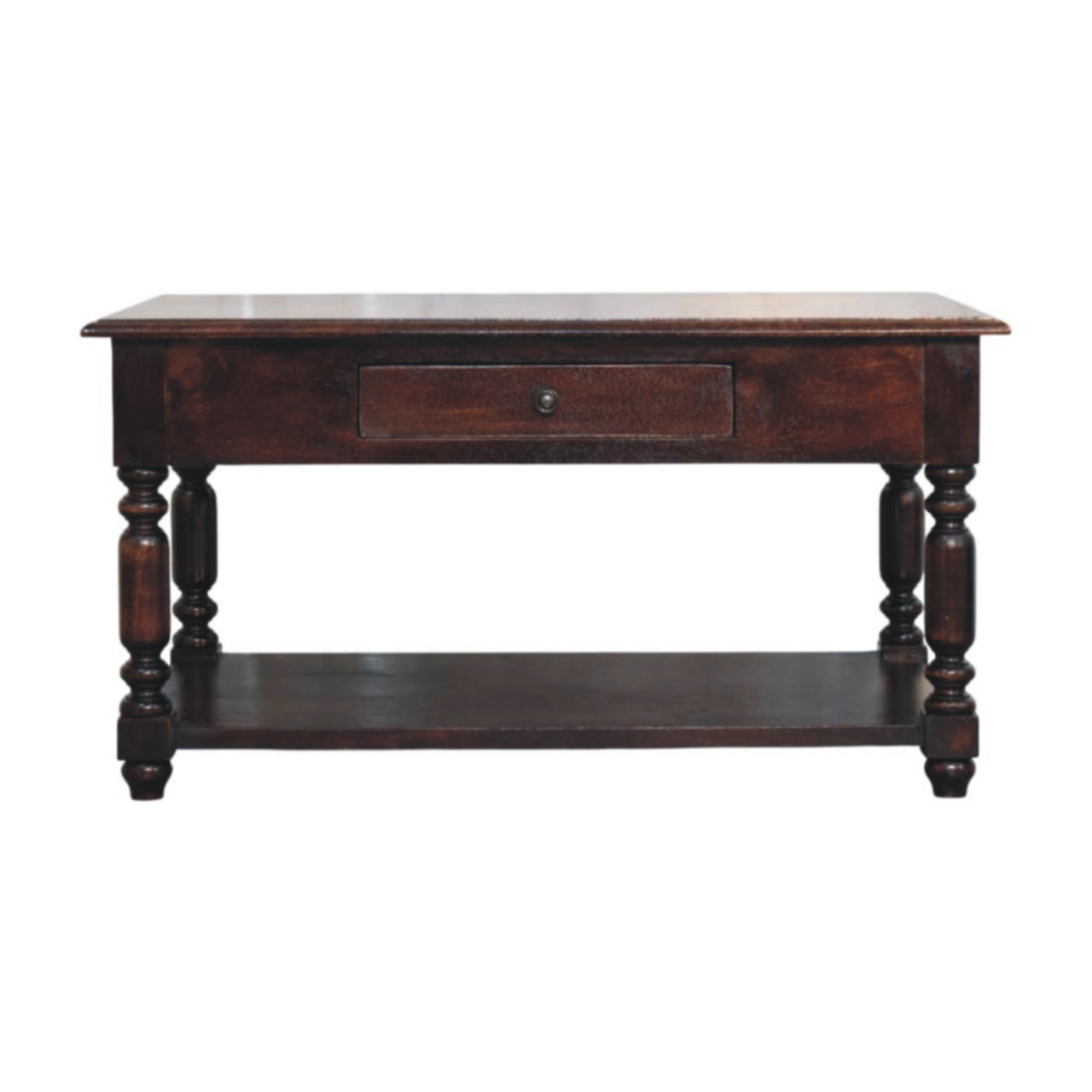 Dark brown wooden console table with turned legs single compact drawer and lower shelf for extra storage