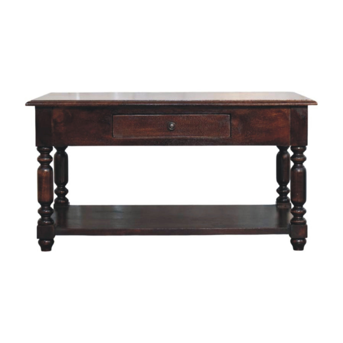 Dark brown wooden console table with turned legs single compact drawer and lower shelf for extra storage