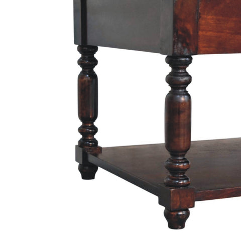 Dark brown wooden cherry console table with turned legs lower shelf and single compact drawer for extra storage