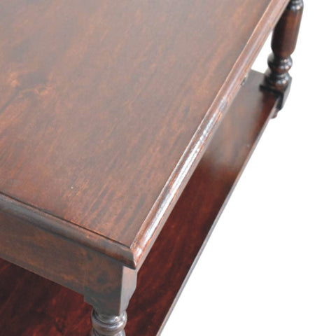 Dark brown wooden cherry console table with turned legs polished finish single compact drawer and lower shelf