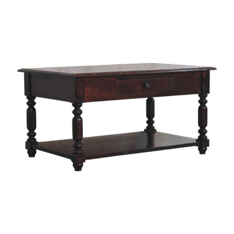 Dark brown wooden cherry console table with turned legs single compact drawer and lower shelf for storage