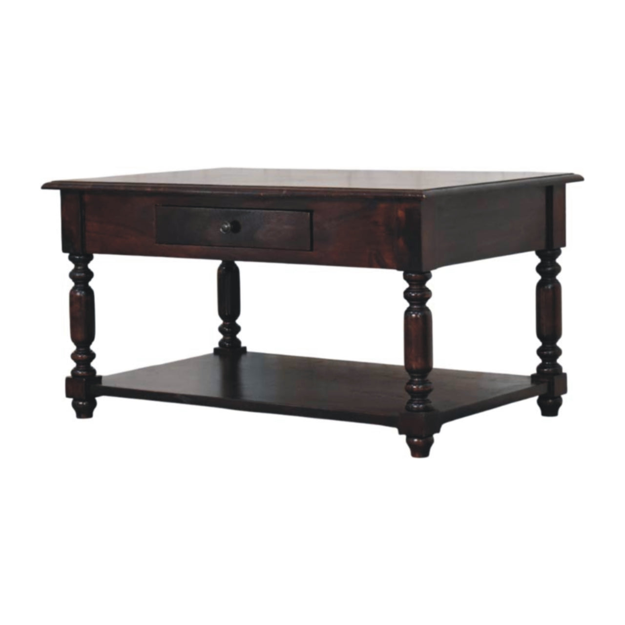 Dark brown wooden coffee table with turned legs single compact drawer and lower shelf for easy storage