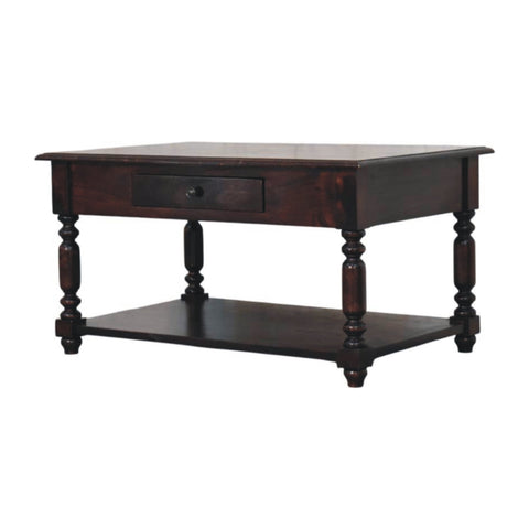 Dark brown wooden coffee table with turned legs single compact drawer and lower shelf for easy storage