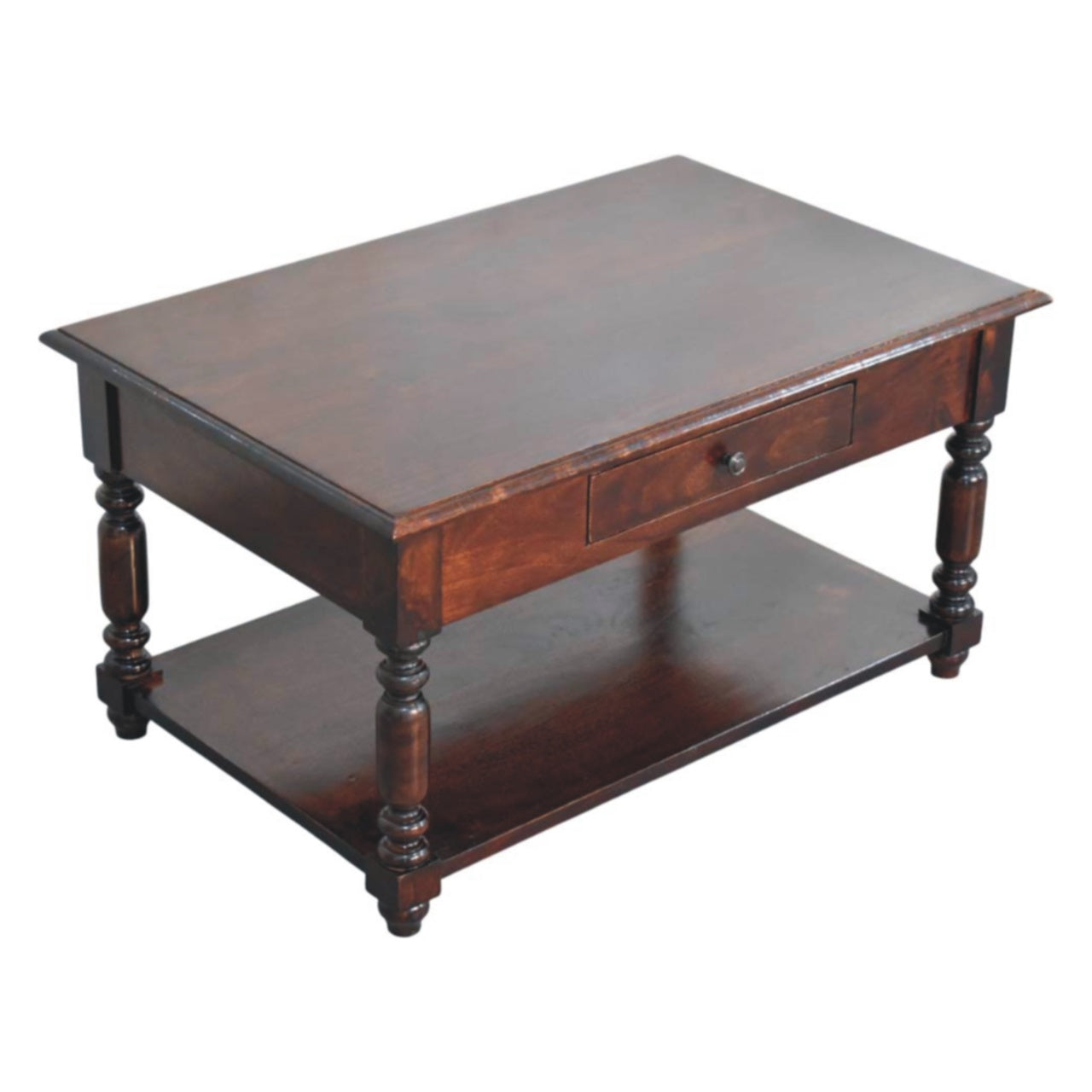 Dark brown wooden turned legs cherry console table with single compact drawer and lower shelf for storage