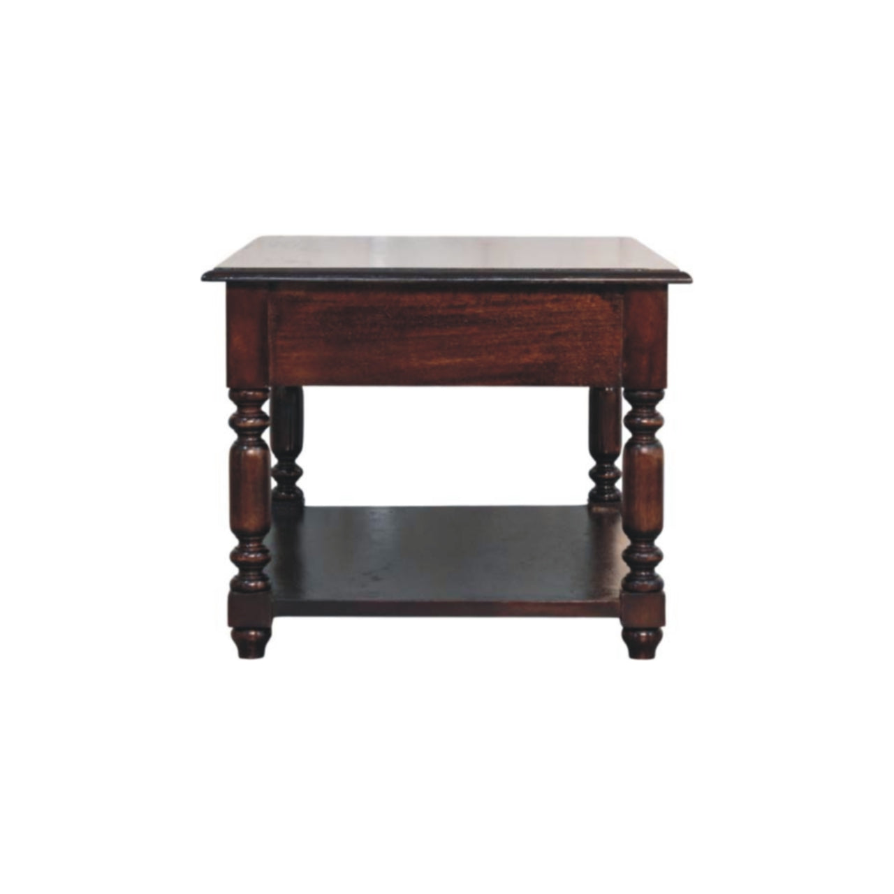Dark brown wooden end table with turned legs, lower shelf, and single compact drawer for extra storage