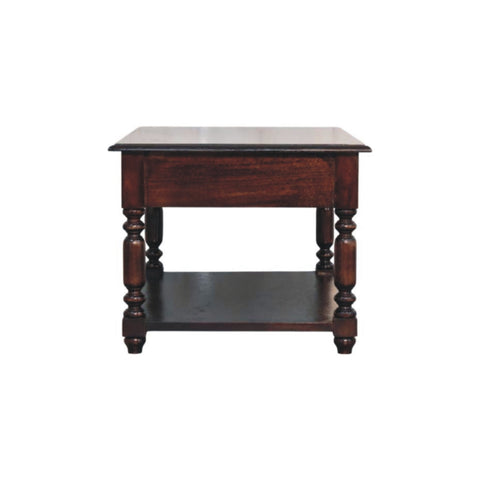 Dark brown wooden end table with turned legs, lower shelf, and single compact drawer for extra storage