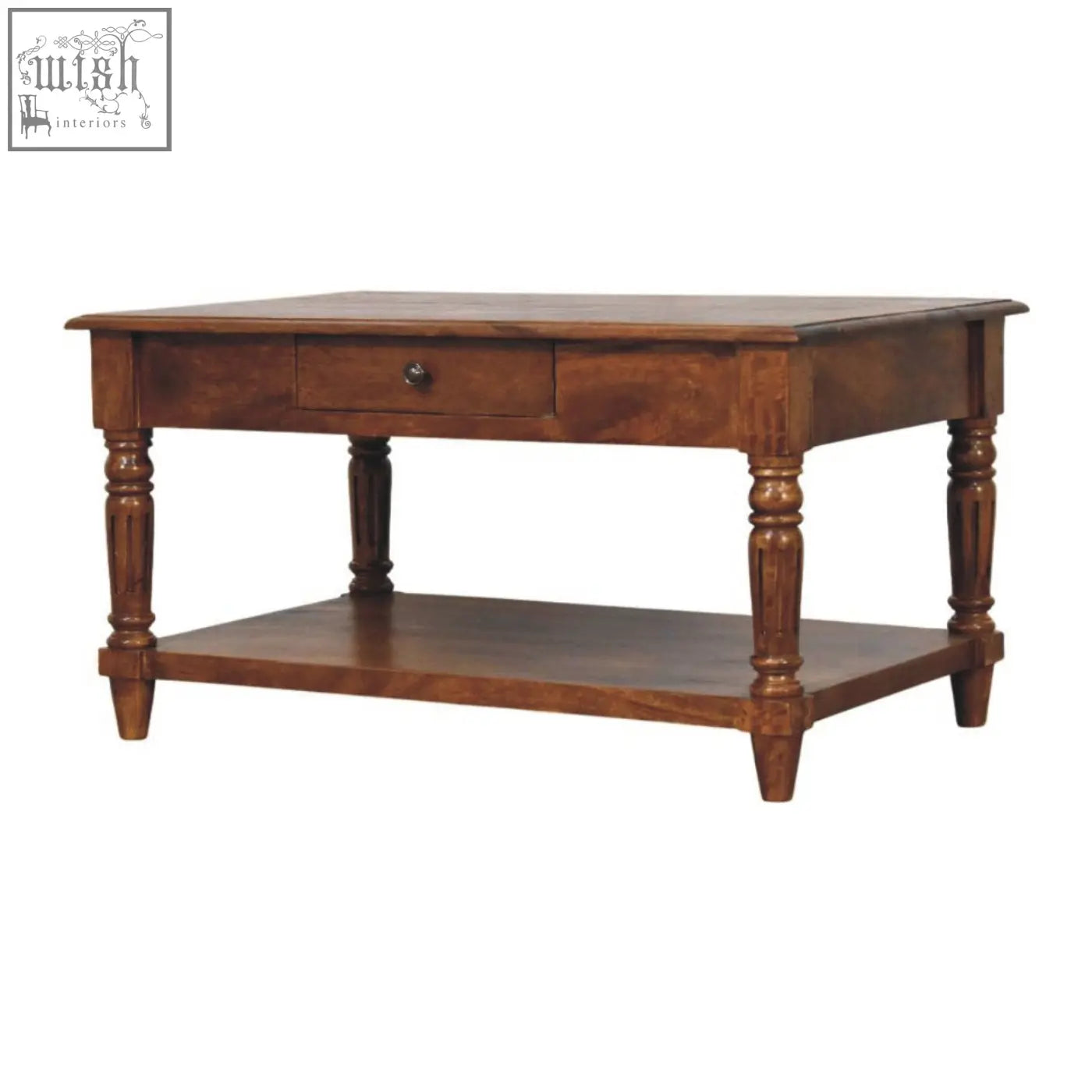Rustic brown wooden drawer coffee table with turned legs and lower shelf perfect for living room use