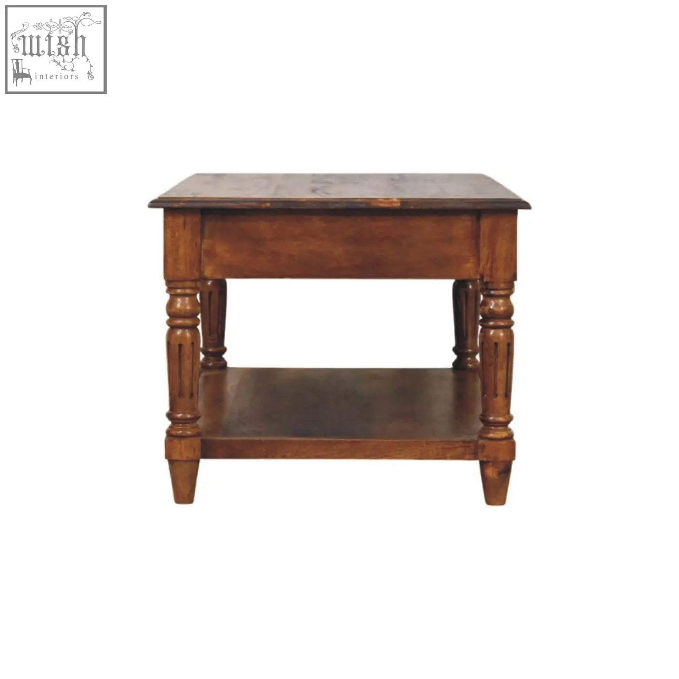 A rustic brown wooden drawer coffee table with turned legs and a lower shelf perfect for living room use