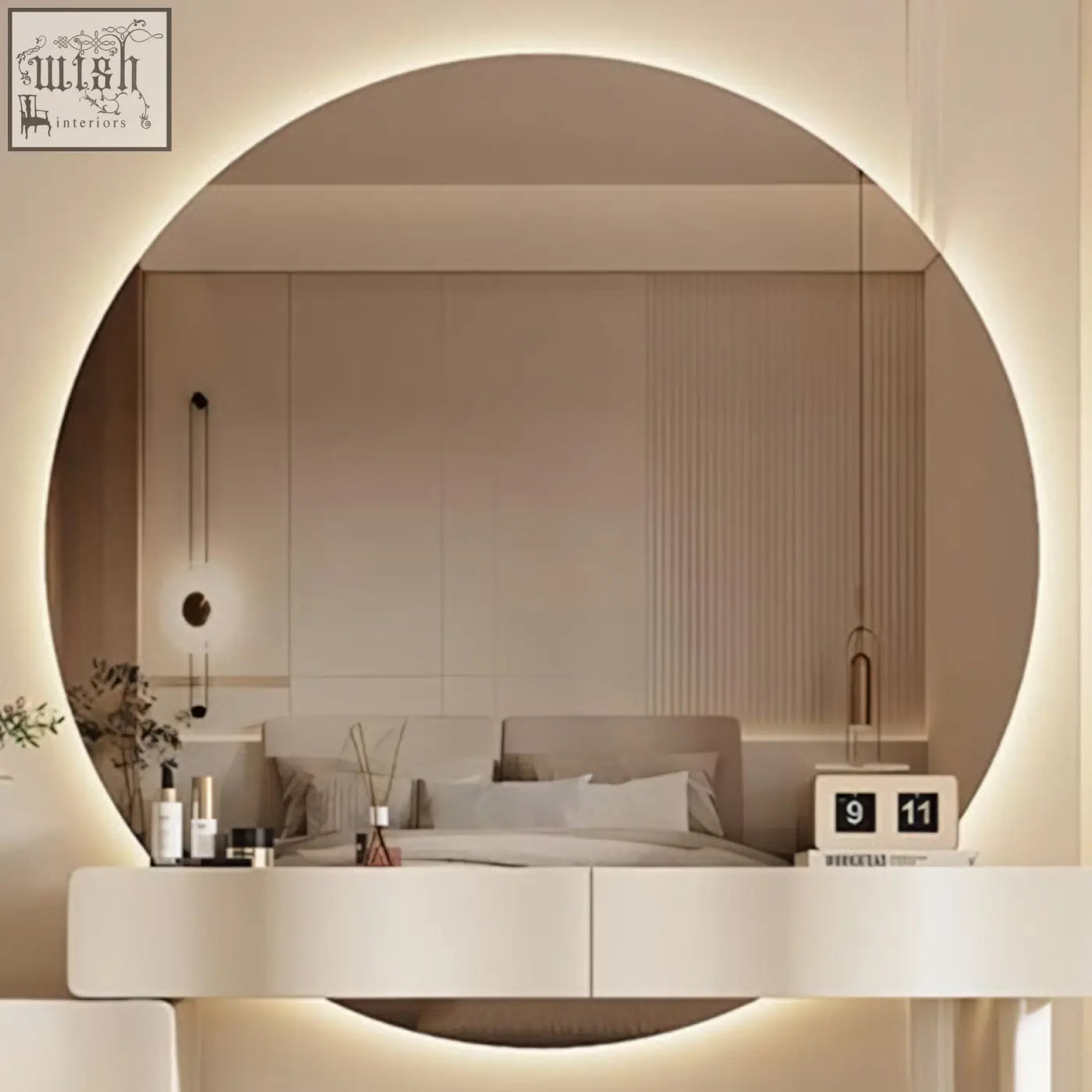 Circular vanity mirror with soft glowing led ring and minimalist white frame on cream turner dressing table